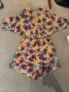 Floral Yellow Short-Sleeve Romper with Teal & Pink Blooms